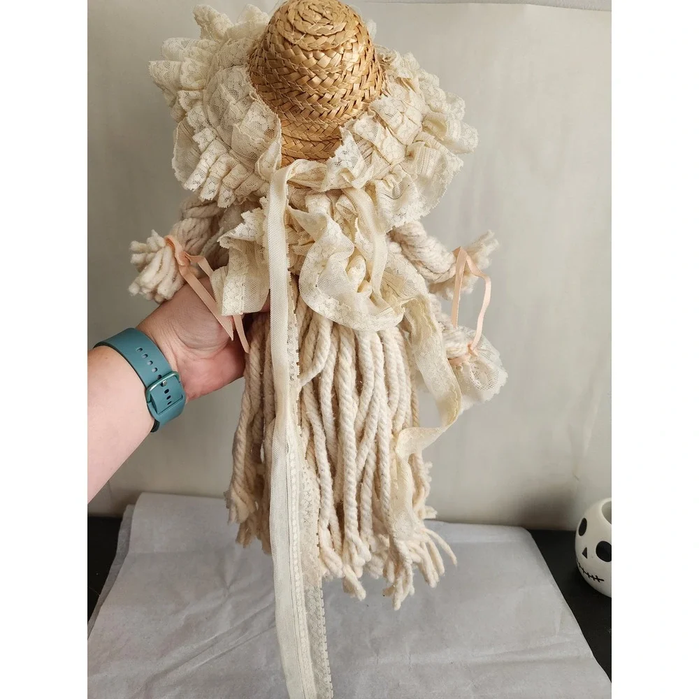 Vintage Handmade Mop Doll Cream Yarn Braids Lace Ruffle Dress Straw Bonnet 18in